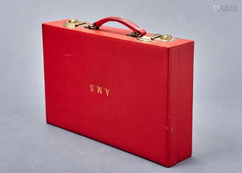 VINTAGE LUGGAGE. A HARRODS LTD SCARLET LEATHER ATTACHE CASE, MID 20TH C, THE LID WITH GOLD BLOCKED