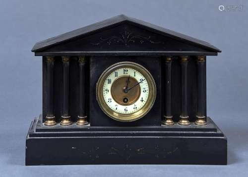 A BLACK SLATE MANTEL CLOCK, C1870, ARCHITECTURAL PEDIMENT ABOVE AN ENGRAVED FRIEZE, THE DIAL WITH