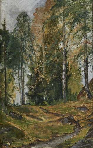 F W EVERS (EARLY 20TH C)- PATH THROUGH A WOOD, SIGNED AND DATED SEPT '24, WITH INSCRIPTION ON THE