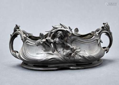 A PERRON. AN ART NOUVEAU PEWTER JARDINIERE, C1900, THE SIDES CAST WITH NYMPHS AND LILIES,