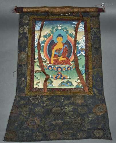 THANKA, EARLY 20TH C, THE CHINESE DARK BLUE GROUND WOVEN SILK SURROUND WITH SHOU CHARACTERS AND