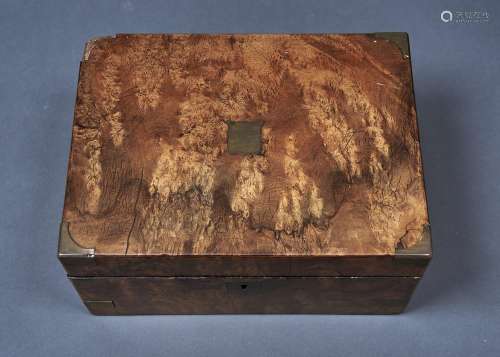 A VICTORIAN BRASS MOUNTED BURR WALNUT VENEERED WRITING BOX, C1870, THE HINGED LID WITH VACANT