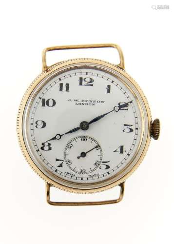 A J W BENSON GOLD GENTLEMAN'S WRISTWATCH, WITH MILLED BEZEL AND BACK, WIRE LUGS, 35MM DIAM Condition