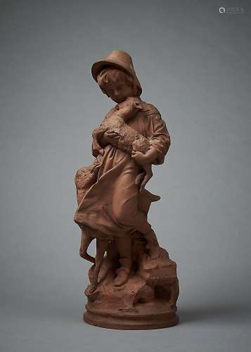 A NORTH AMERICAN TERRACOTTA STATUETTE OF A GIRL TENDERLY HOLDING A KID, NEW YORK, 1919-28, 51CM H,