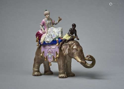 A MEISSEN GROUP OF A SULTAN RIDING ON A ELEPHANT, LATE 19TH C, AFTER THE ORIGINAL MODEL BY J J