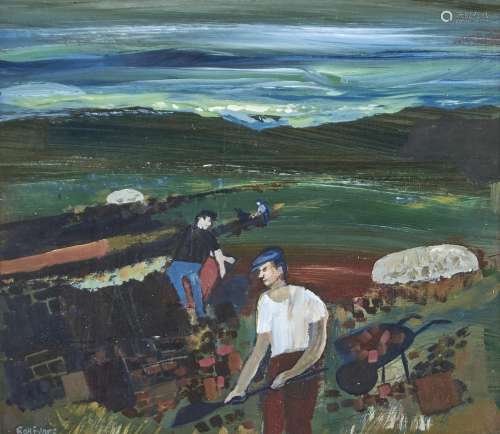 RAY EVANS, RI (1920-2008) - PEAT CUTTERS DONEGAL, SIGNED, INSCRIBED WITH THE TITLE AND PRICE £650 ON