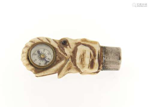 A VICTORIAN SILVER MOUNTED CARVED BONE COMPASS BROOCH, IN THE FORM OF THE HEAD OF AN ELEPHANT,
