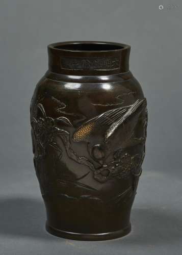 AN CHINESE BRONZE VASE, 19TH C, CAST WITH EAGLES AND A SERPENT, GOLDEN BROWN PATINA RUBBED IN