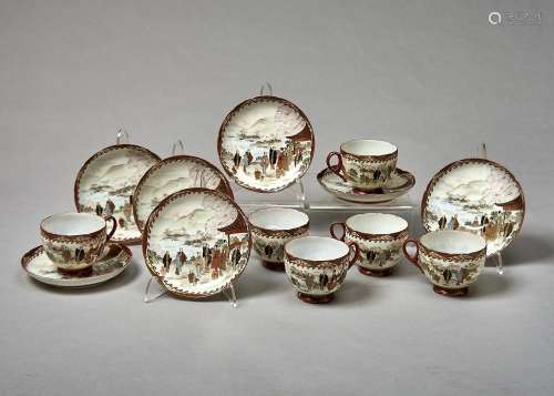 A SET OF SIX KUTANI PORCELAIN TEACUPS AND SEVEN SAUCERS, EARLY 20TH C, TYPICALLY DECORATED, SAUCER