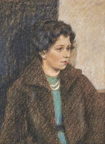 BRITISH SCHOOL, 20TH C - PORTRAIT OF A LADY, BUST LENGTH IN GREEN DRESS AND BROWN COAT, PASTEL, 33.5