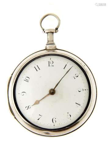 AN ENGLISH SILVER PAIR CASED VERGE WATCH, UNSIGNED, WITH ENAMEL DIAL, FOLIATE PIERCED AND ENGRAVED