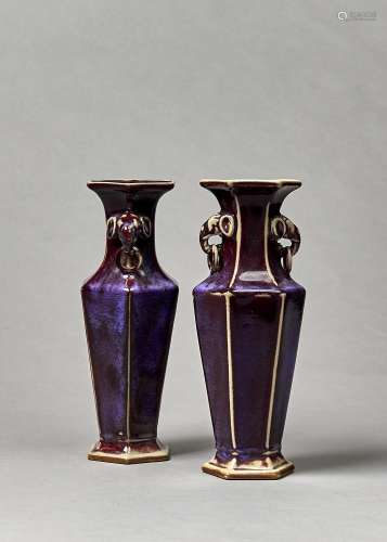 A PAIR OF CHINESE HEXAGONAL FLAMBE GLAZED PORCELAIN VASES, 20TH C, WITH ELEPHANT HEAD HANDLES,