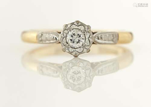 A DIAMOND SOLITAIRE RING, WITH ROUND BRILLIANT CUT DIAMOND, WEIGHING APPROX 0.10CT, ILLUSION SET,