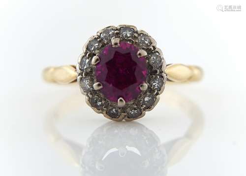 A DIAMOND AND SYNTHETIC RUBY CLUSTER RING, GOLD HOOP MARKED 18CT, 3.4G, SIZE N Condition reportRed