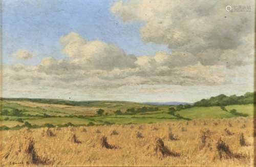 EDWARD M ELLIOTT (EXHIBITED 1920-34) - A DEVONSHIRE CORNFIELD, SIGNED, SIGNED AGAIN AND INSCRIBED