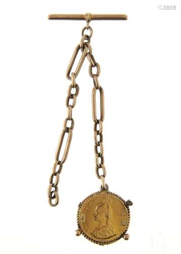 GOLD COIN. SOVEREIGN 1887 SUSPENDED FROM A SHORT LENGTH OF GOLD CHAIN AND T BAR, UNMARKED, 20G