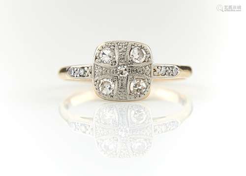 A FIVE STONE DIAMOND CUSHION CLUSTER RING WITH DIAMOND SOULDERS, MILLEGRAIN SET, IN GOLD MARKED