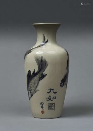 A CHINESE PORCELAIN VASE, PAINTED IN MONOCHROME WITH NINE FISH, 20TH C, 36CM H, SIGNED SHI AND