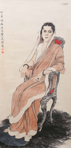 A Chinese Figure Painting Scroll, Xu Beihong Mark