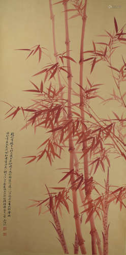 A Chinese Red Bamboo Painting, Wu Hufan Mark