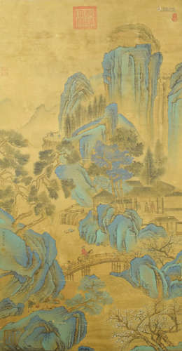 A Chinese Landscape Painting Silk Scroll, Qiu Ying Mark