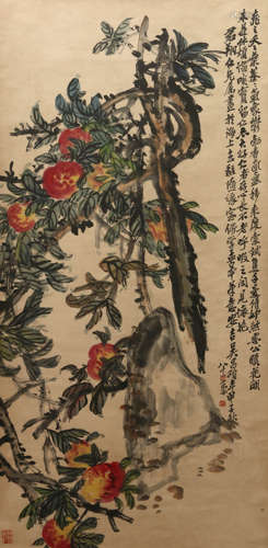 A Chinese Flowers Painting Scroll, Wu Changshuo Mark