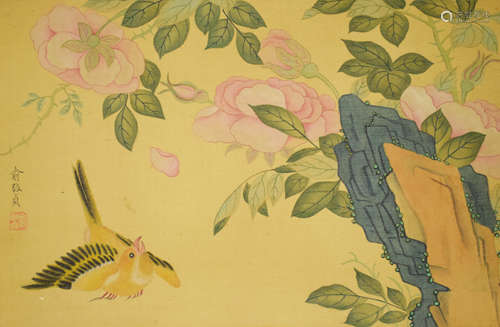 A Chinese Flowers&bird Painting Silk Scroll, Yu Zhizhen Mark