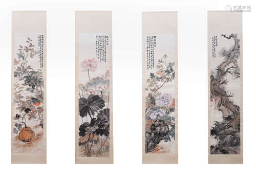 4Pieces Chinese Flowers Painting Screens, Chen Hui Mark