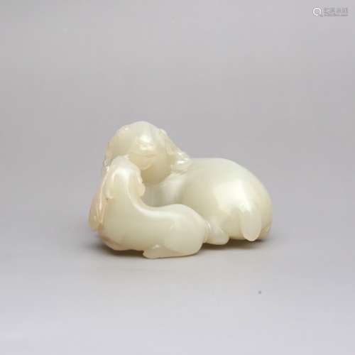 A White Hetian Jade Deer&Sheep Ornament