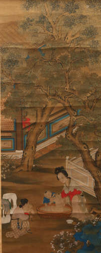 A Chinese Figure Painting Scroll, Leng Mei Mark