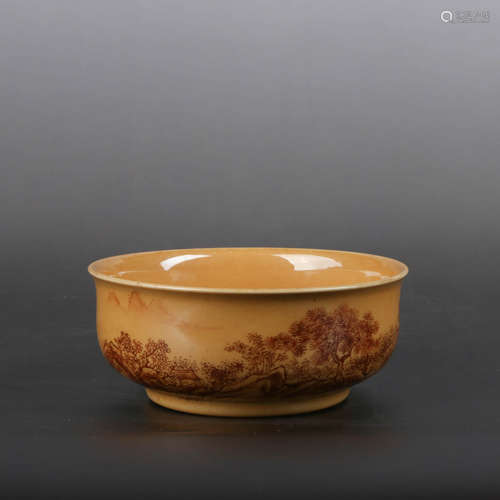 A Beige Glaze Ground Iron Red Landscape Porcelain Bowl