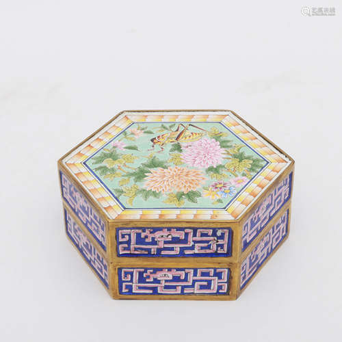 A Gild Bronze Enamel Floral Hexagon Box