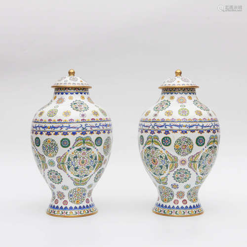 A Pair of Gild Bronze Enamel Butterfly Pattern Jars