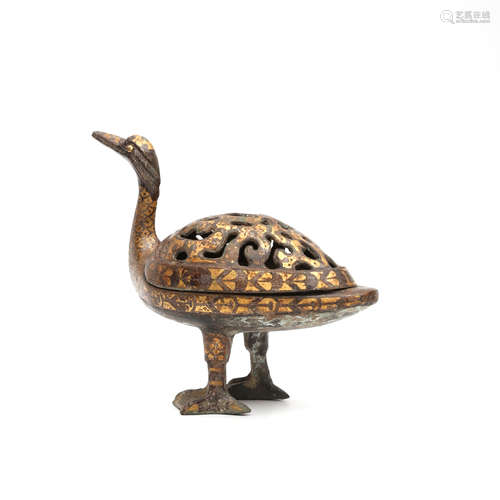 A Bronze Gold Inlaid Duck-shaped Incense Burner