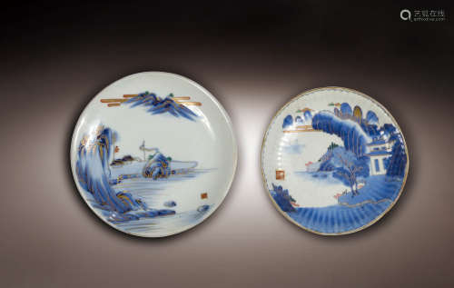 十九世紀  日本青花山水碟一組兩件