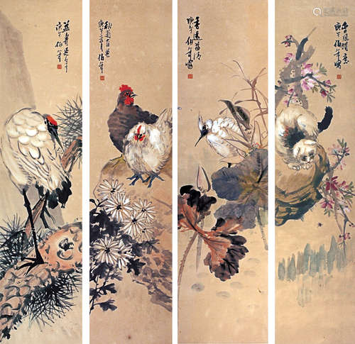 吳伯年 四季花鳥  四屏