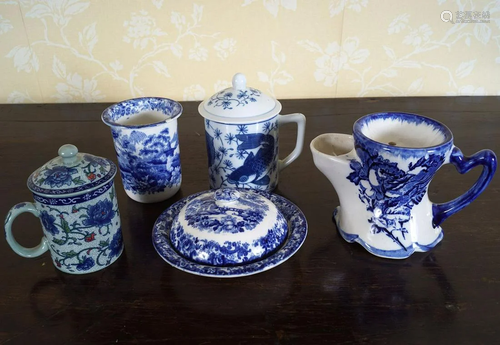 GROUP OF 5 BLUE AND WHITE JARS AND SAUCERS