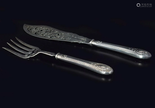 SILVER FISH SERVING KNIFE AND FORK