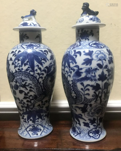 PAIR OF CHINESE QING BLUE AND WHITE URNS