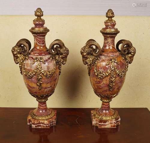 PAIR OF LARGE MARBLE AND ORMOLU URNS