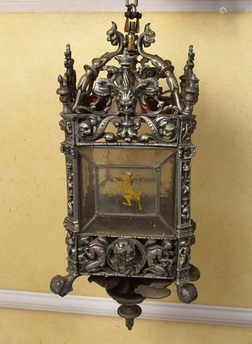 BAROQUE ARMORIAL LEADED GLASS HALL LANTERN