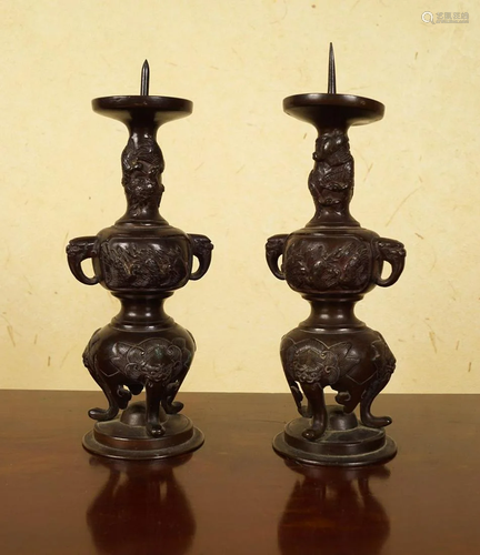 PAIR OF 19TH-CENTURY JAPANESE BRONZE CANDLESTICKS