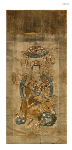 A Rare Silk and metal wrapped thread embroidered panel of Manjusri Early Qing Dynasty