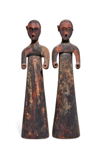 A Pair of Rare Large Painted Wood Figures Eastern Zhou Dynasty (4th Century BCE)