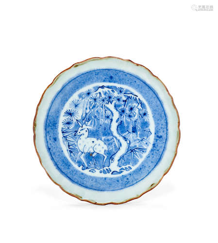 A Reverse-decorated blue and white and powder-blue ground petal-lobed circular 'deer and pine' serving dish Tianqi/Chongzhen (1621-1644)