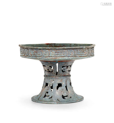 An archaic bronze circular reticulated stem dish, Dou Mid-late Western Zhou Dynasty (9th-8th Century BC)