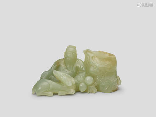 A CELADON-GREEN JADE 'SHOULAO, DEER AND PINE TRUNK' SMALL VESSEL GROUP 18th Century