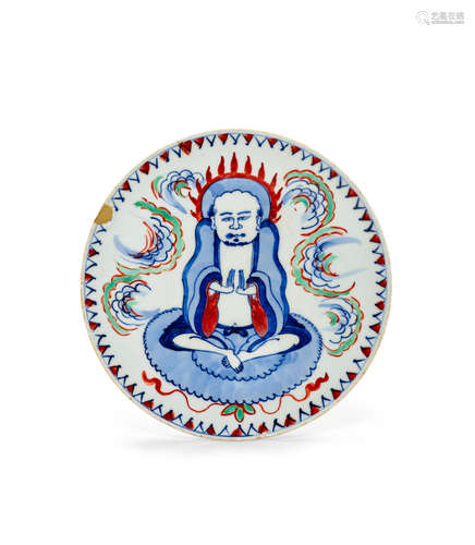 A blue and white and enameled circular 'Kaiseki' serving dish centered by Bodhidharma Chenghua mark, Tianqi (1621-1627)