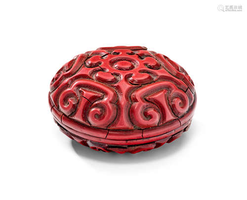 A small Tixi cinnabar lacquer circular box and cover Yuan or possibly Early Ming Dynasty (13th-15th Century)