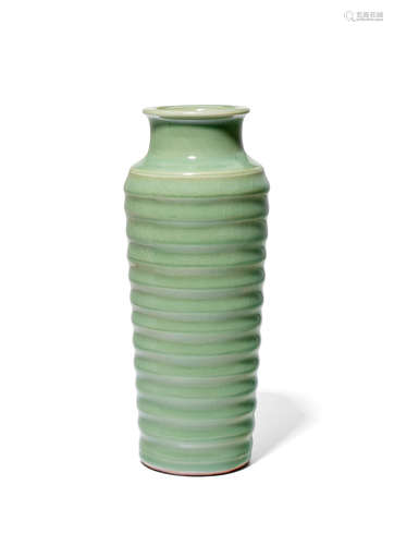 A Longquan celadon horizontally-ribbed cylindrical sleeve vase Song/Yuan Dynasty